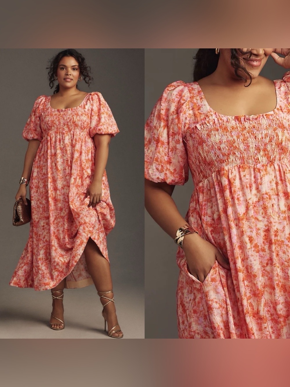Anthropologie Women Sz XL Smocked Babydoll Printed Midi Dress Orange Cottagecore